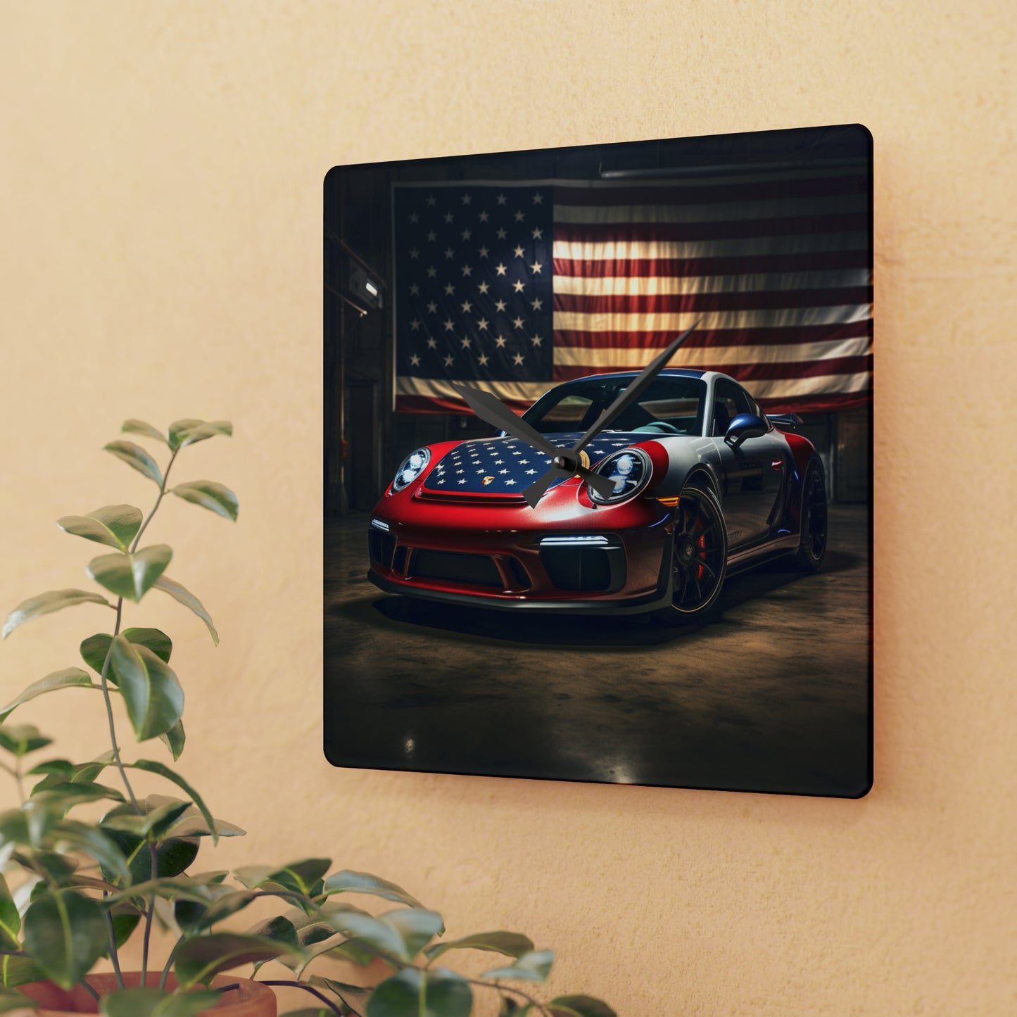 Acrylic Wall Clock American Flag Background Porsche 1