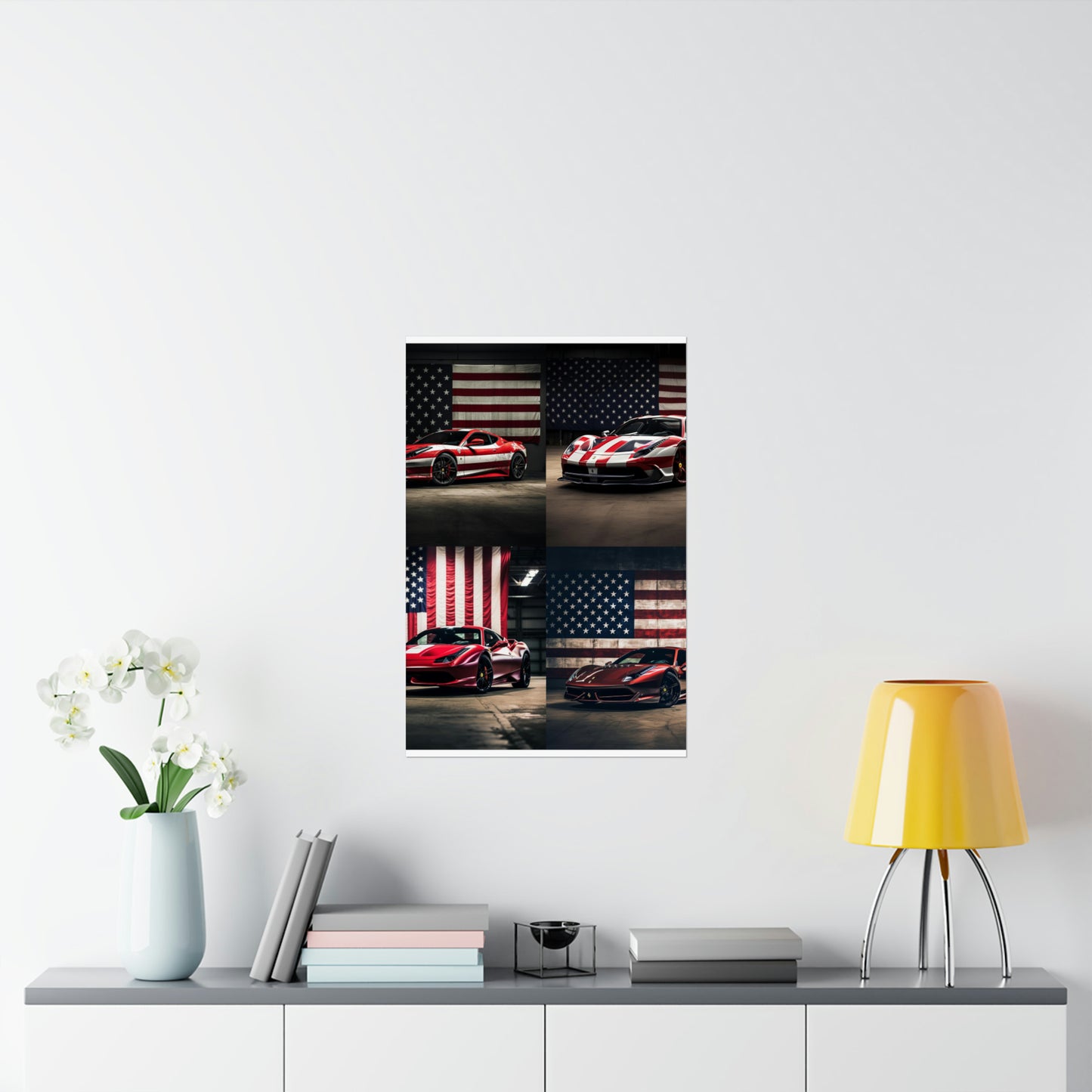 Premium Matte Vertical Posters American Flag Background Ferrari 5