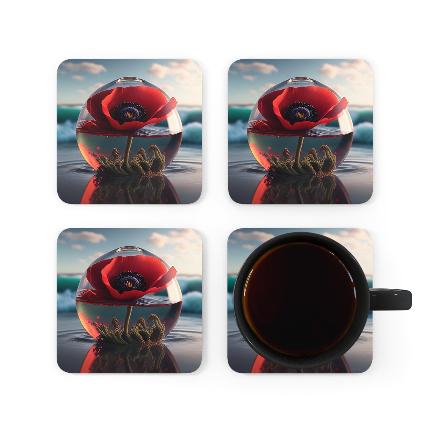 Corkwood Coaster Set Red Anemone in a Vase 4