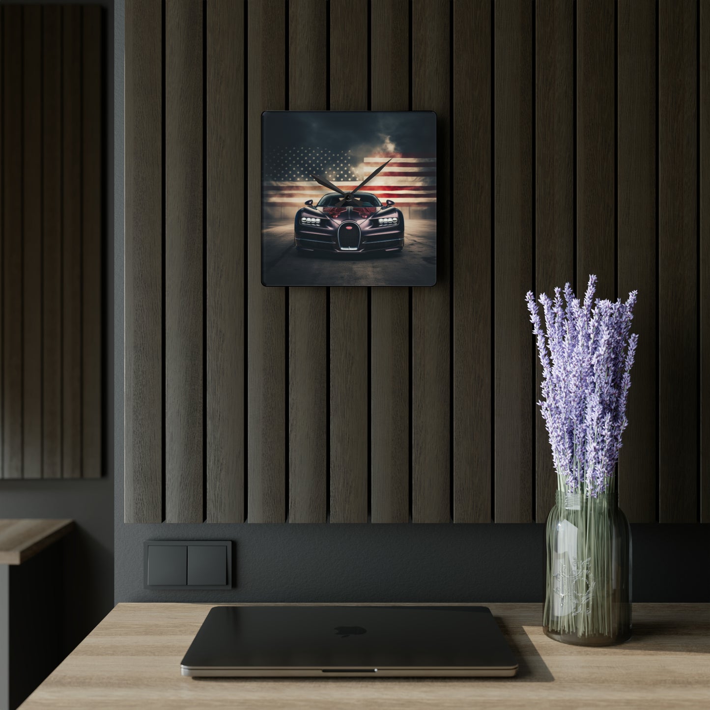 Acrylic Wall Clock American Flag Background Bugatti 2