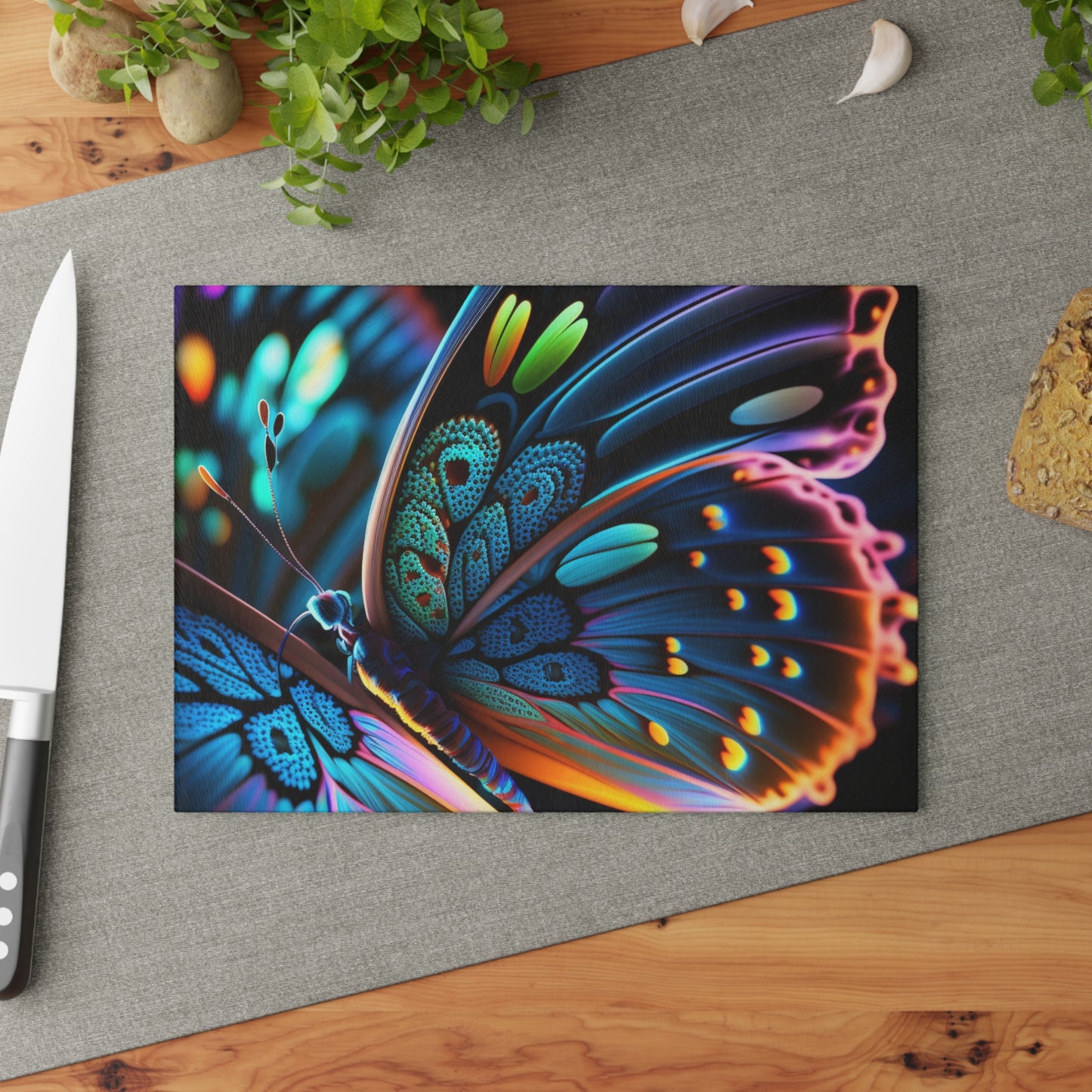 Glass Cutting Board Neon Butterfly Macro 2