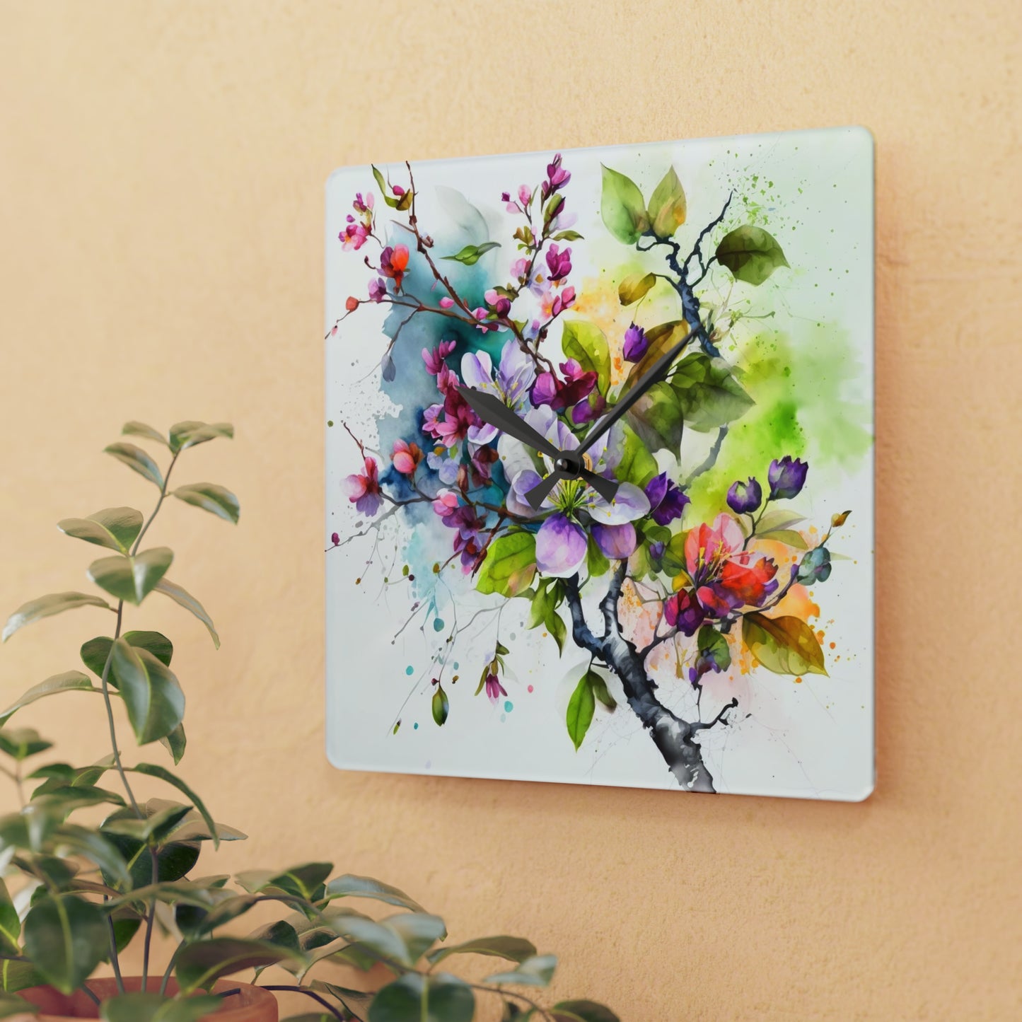 Acrylic Wall Clock Mother Nature Bright Spring Colors Realistic Watercolor 4