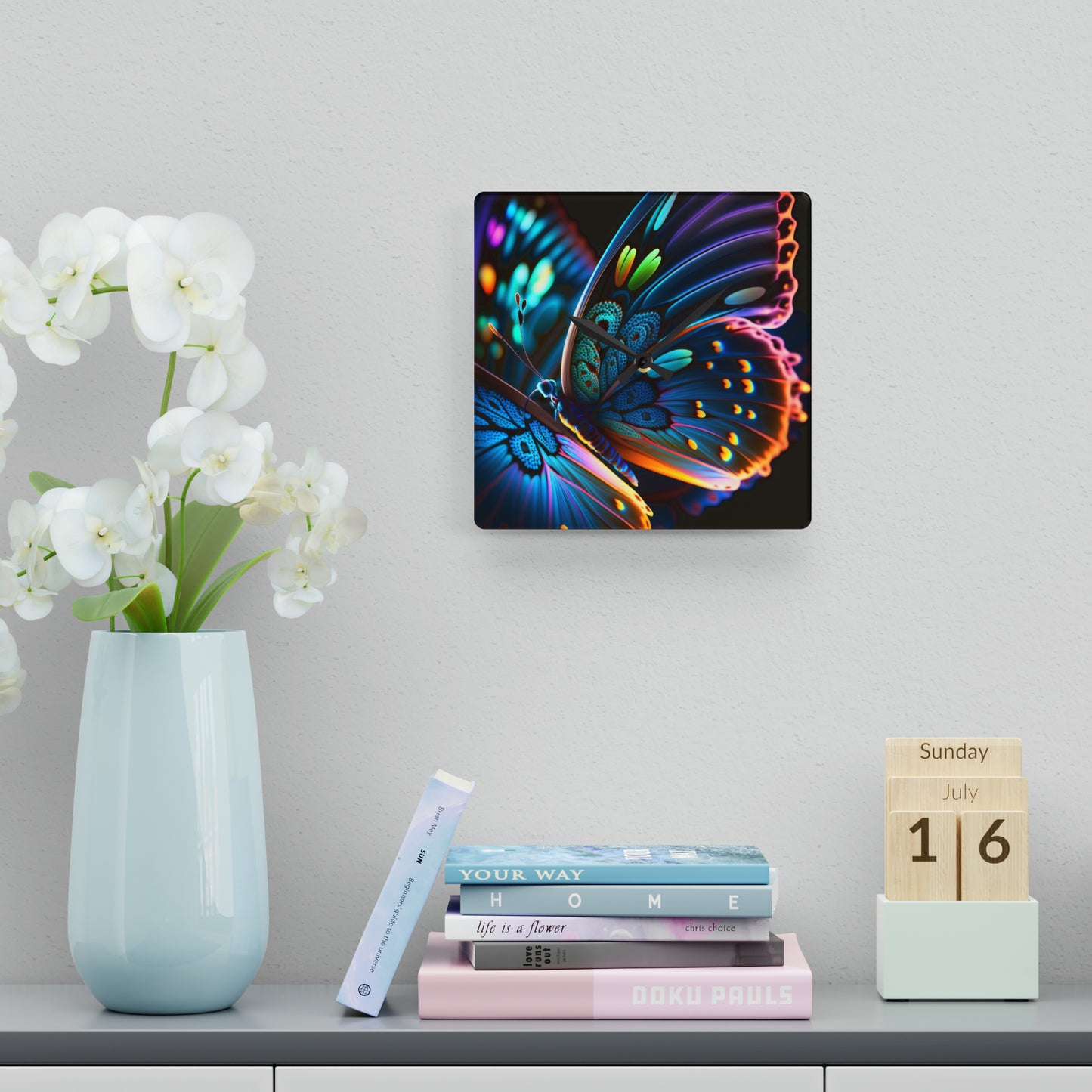 Acrylic Wall Clock Neon Butterfly Macro 2