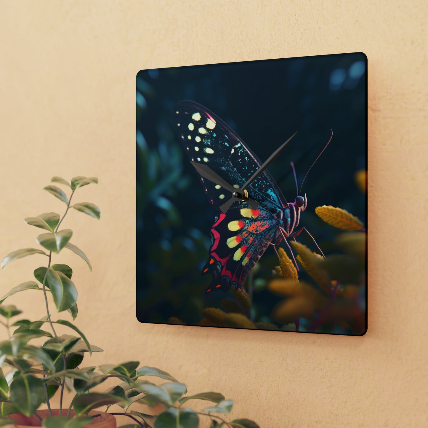 Acrylic Wall Clock Hyper Colorful Butterfly Macro 2