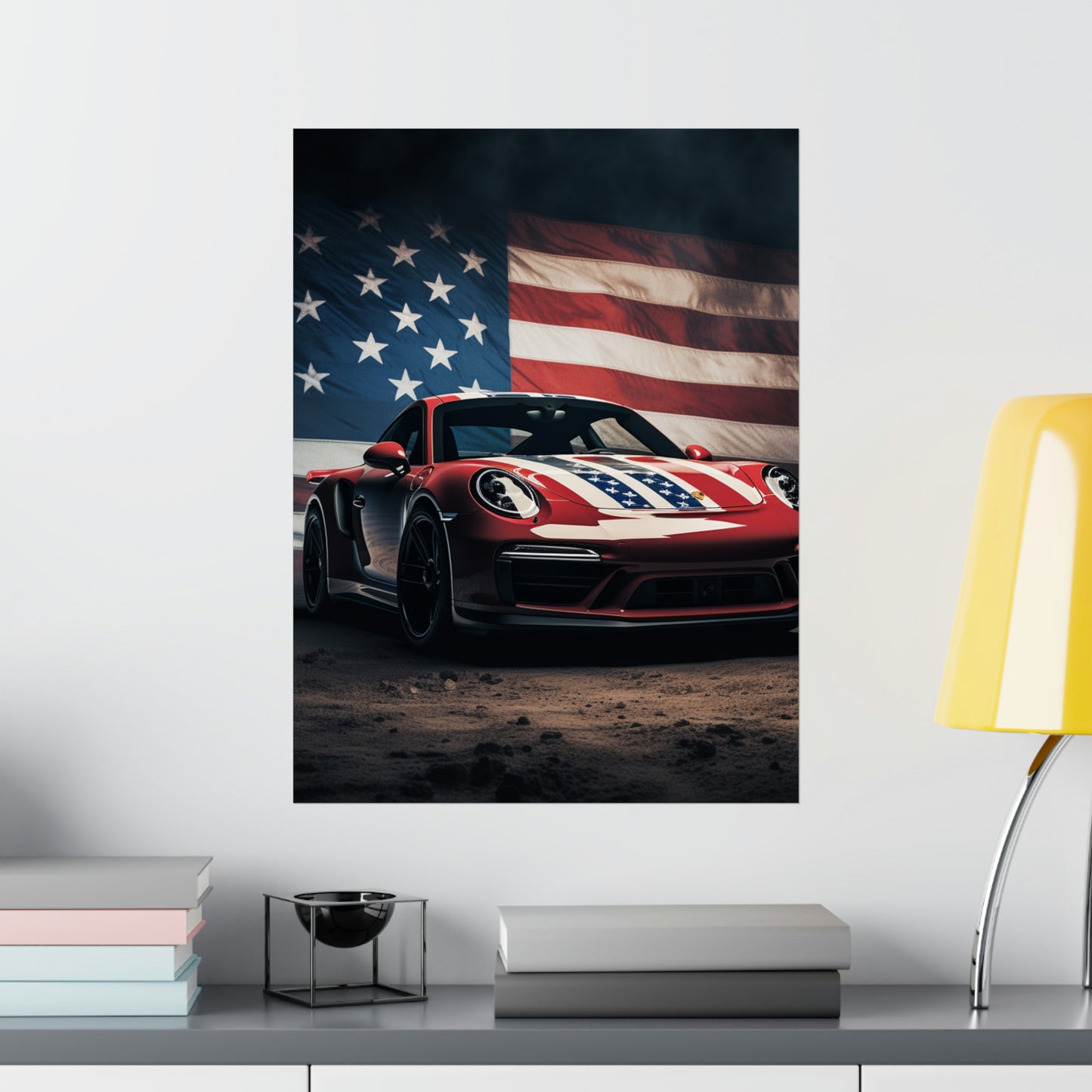 Premium Matte Vertical Posters American Flag Background Porsche 3