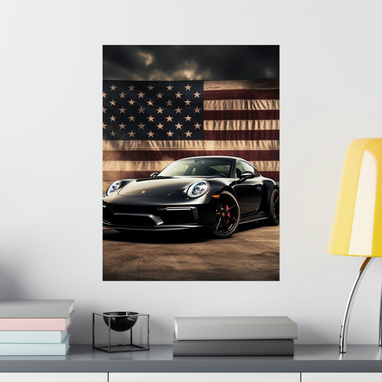 Premium Matte Vertical Posters American Flag Background Porsche 4