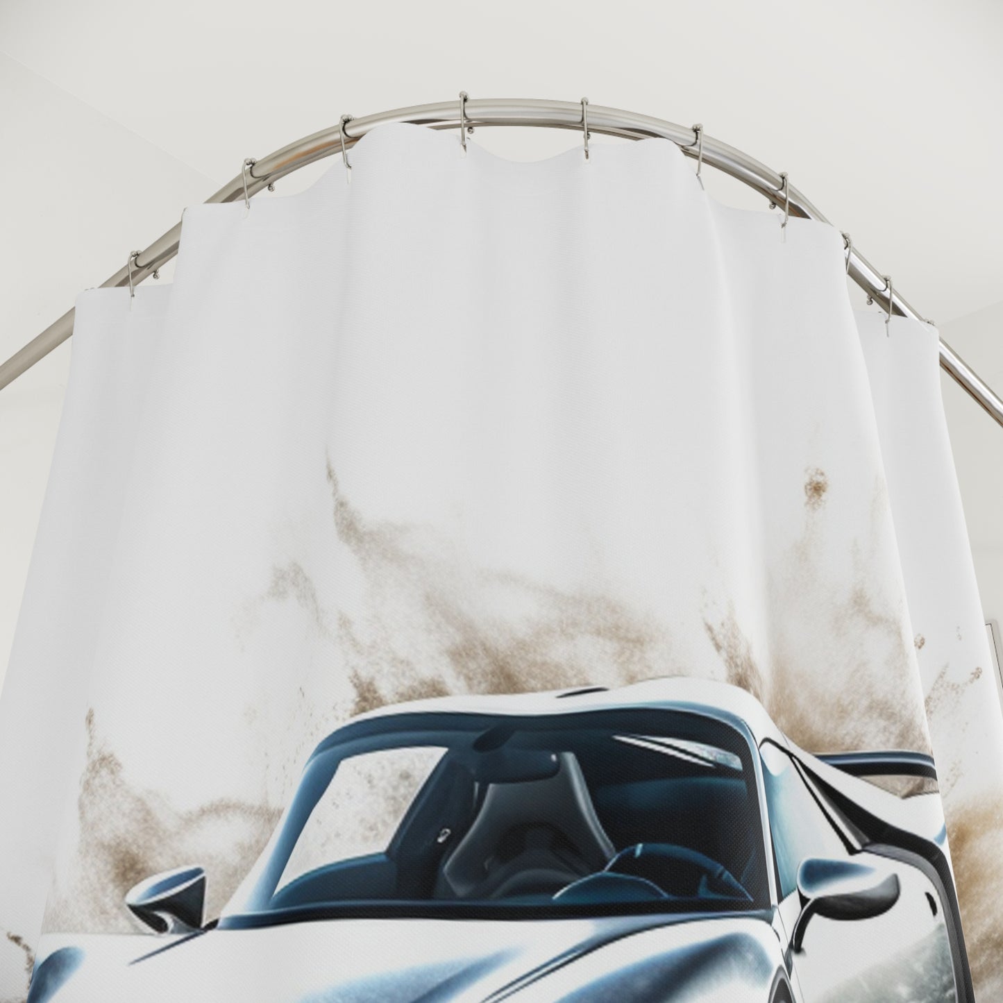 Polyester Shower Curtain 918 Spyder white background driving fast with water splashing 2