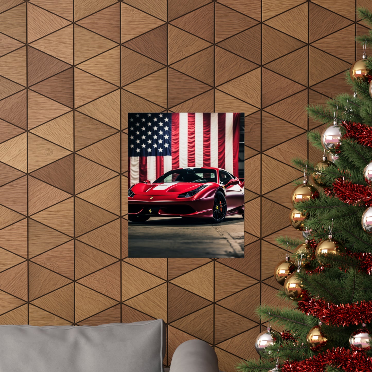 Premium Matte Vertical Posters American Flag Background Ferrari 3