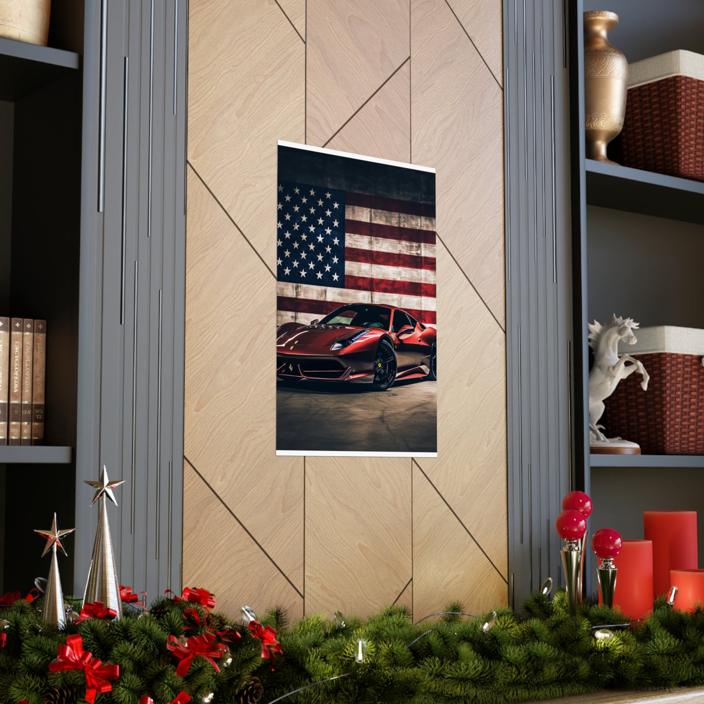 Premium Matte Vertical Posters American Flag Background Ferrari 4