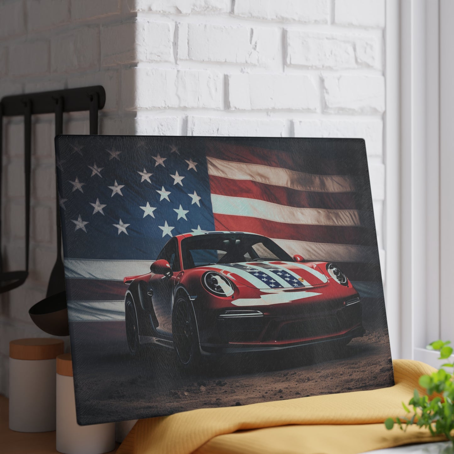 Glass Cutting Board American Flag Background Porsche 3