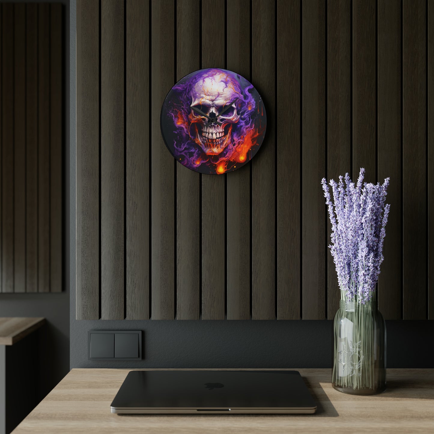 Acrylic Wall Clock Skull Flames 2