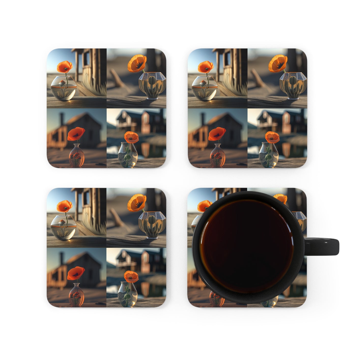 Corkwood Coaster Set Orange Poppy in a Vase 5