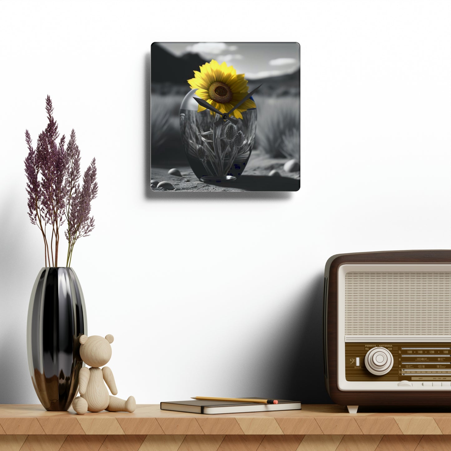 Acrylic Wall Clock Yellw Sunflower in a vase 3