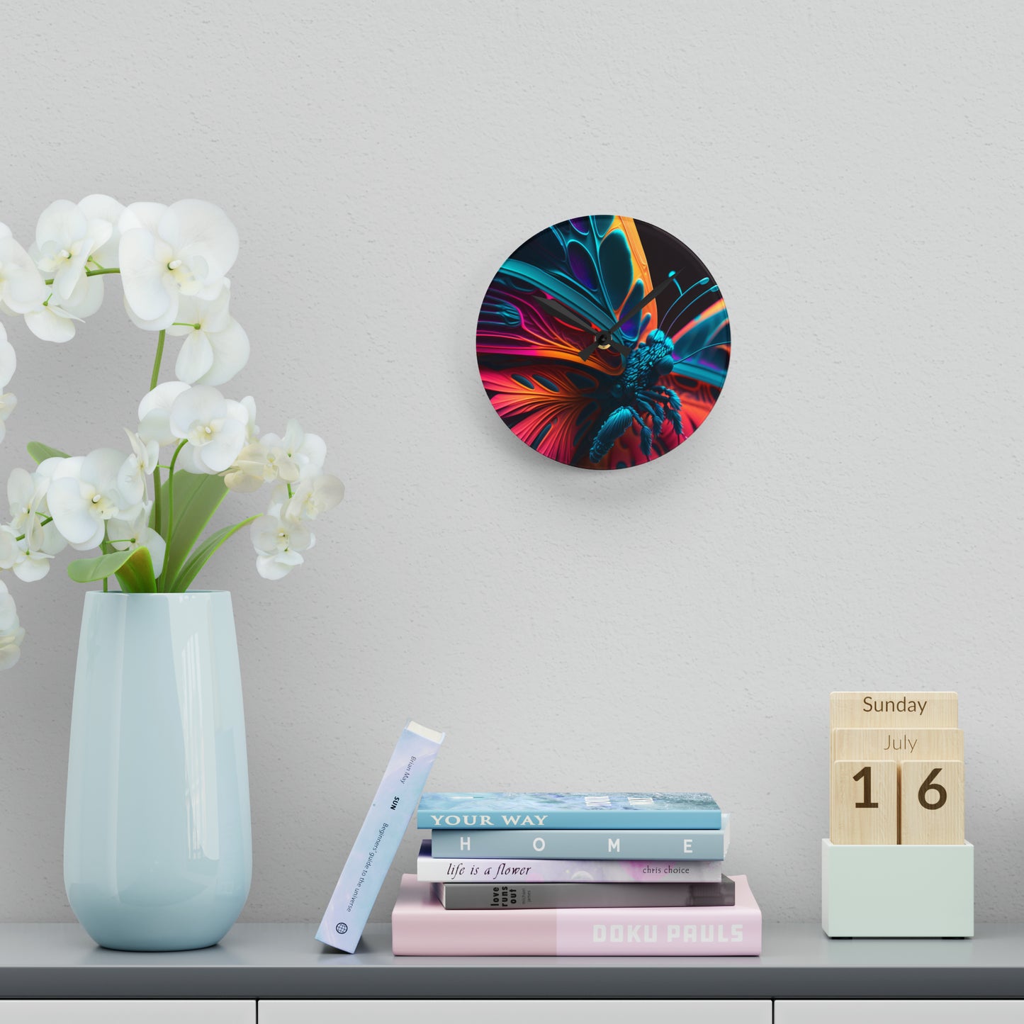 Acrylic Wall Clock Neon Butterfly Macro 4