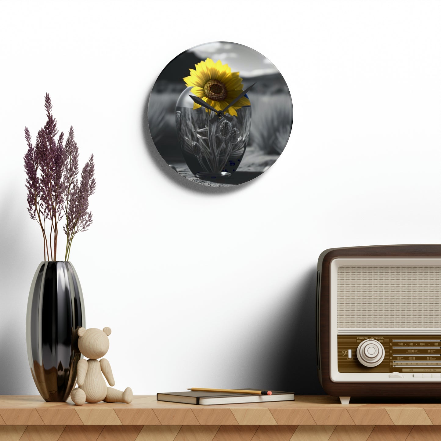 Acrylic Wall Clock Yellw Sunflower in a vase 3