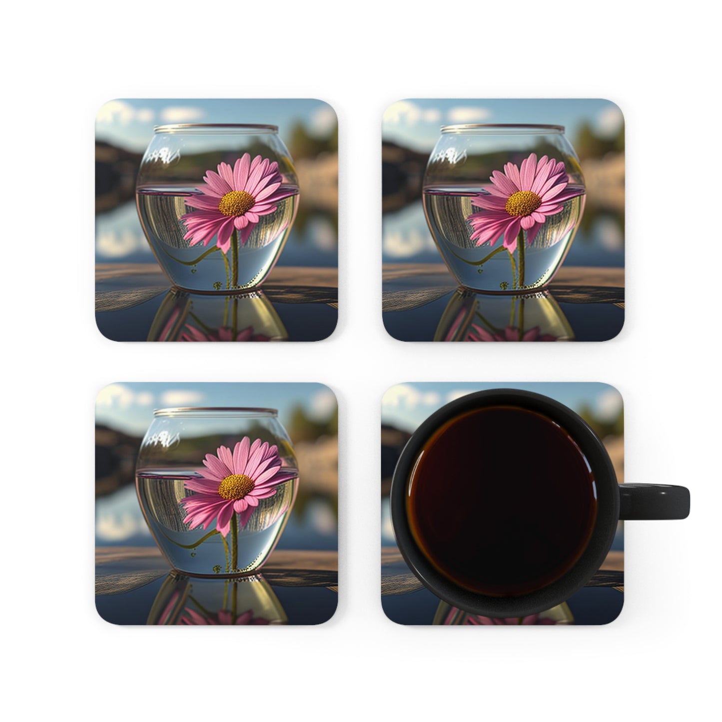 Corkwood Coaster Set Pink Daisy 3