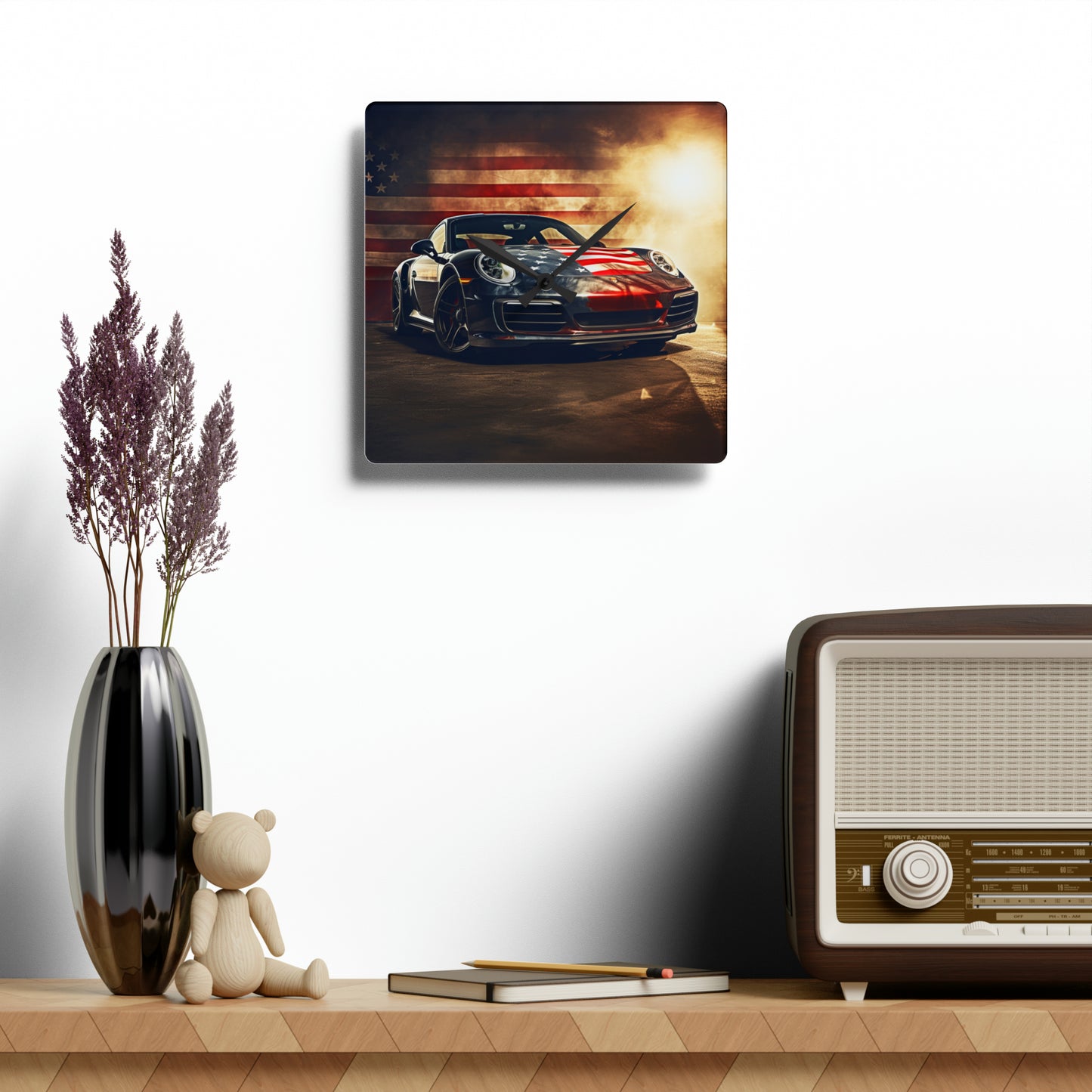 Acrylic Wall Clock Abstract American Flag Background Porsche 1