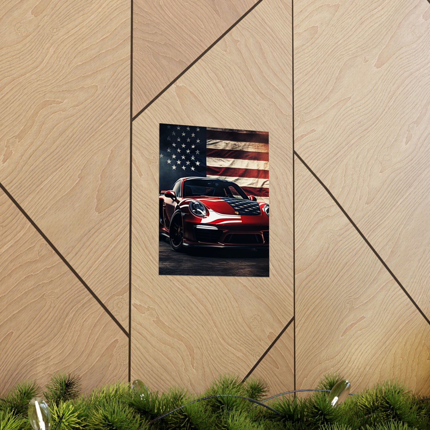 Premium Matte Vertical Posters American Flag Background Porsche 2