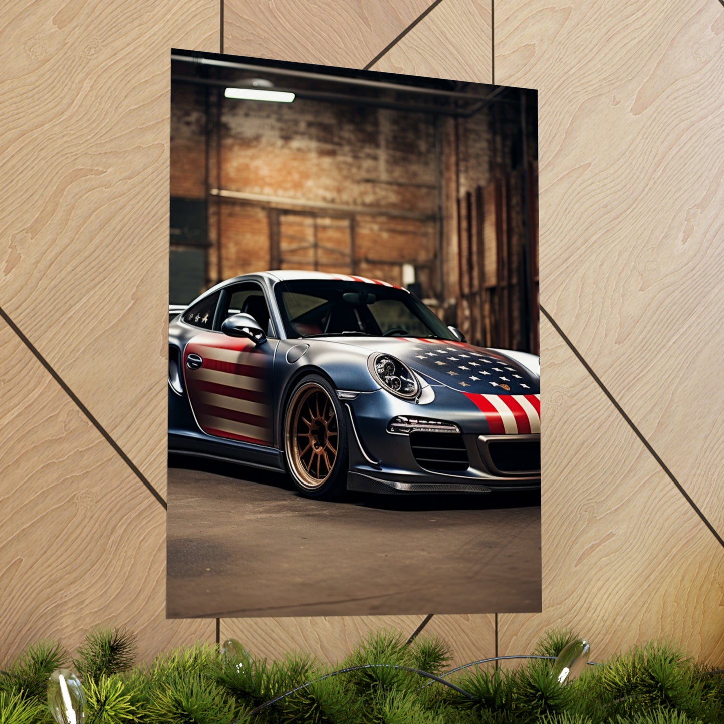 Premium Matte Vertical Posters American Flag Porsche 1