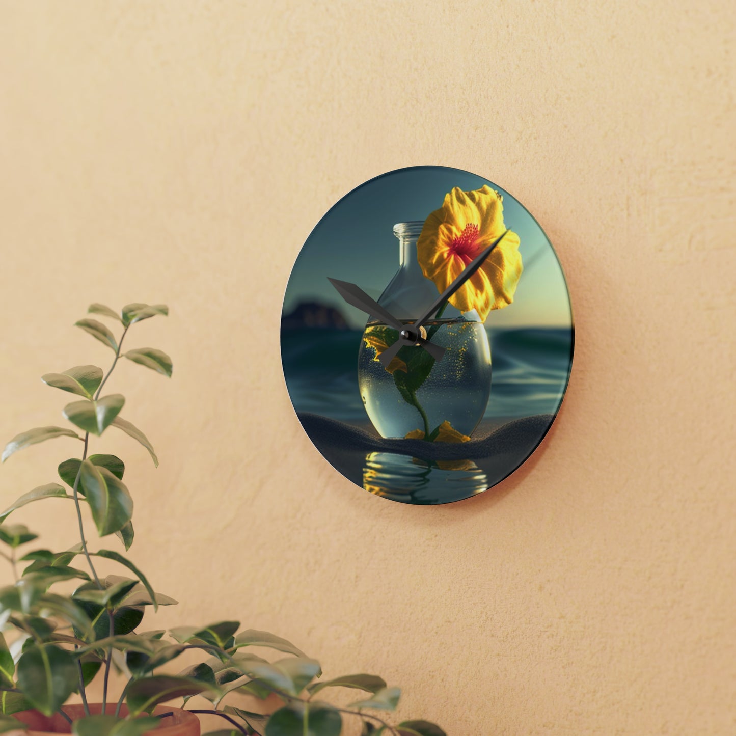 Acrylic Wall Clock Yellow Hibiscus glass 2