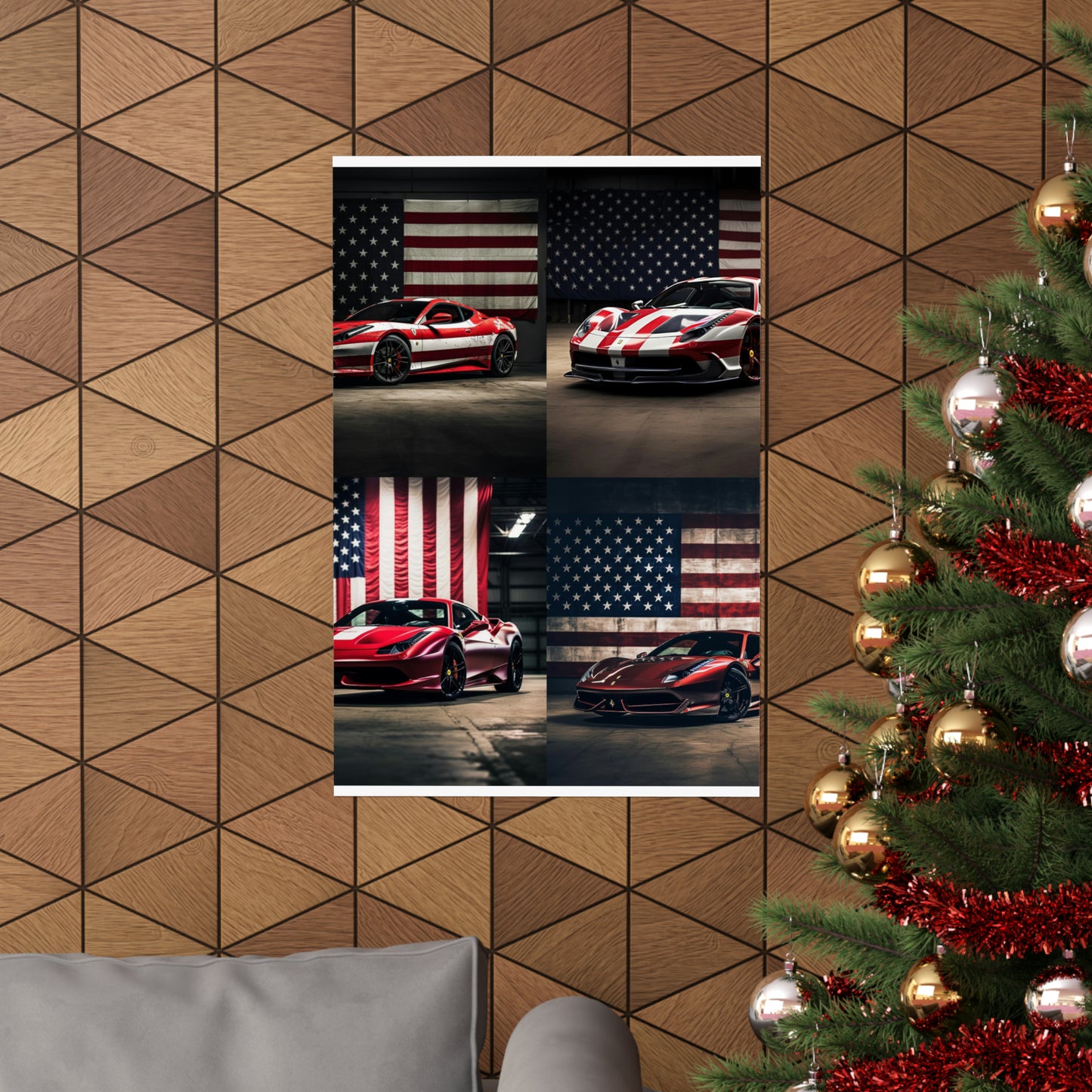 Premium Matte Vertical Posters American Flag Background Ferrari 5