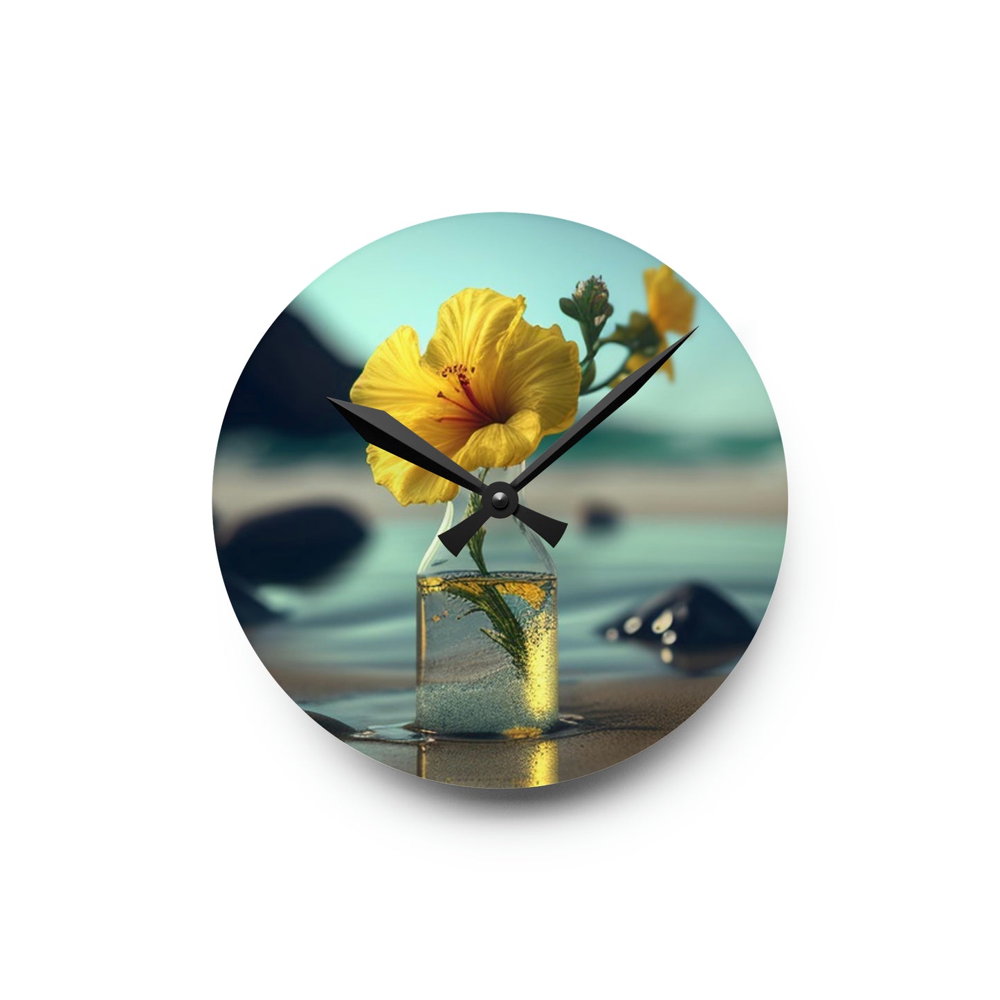 Acrylic Wall Clock Yellow Hibiscus glass 3