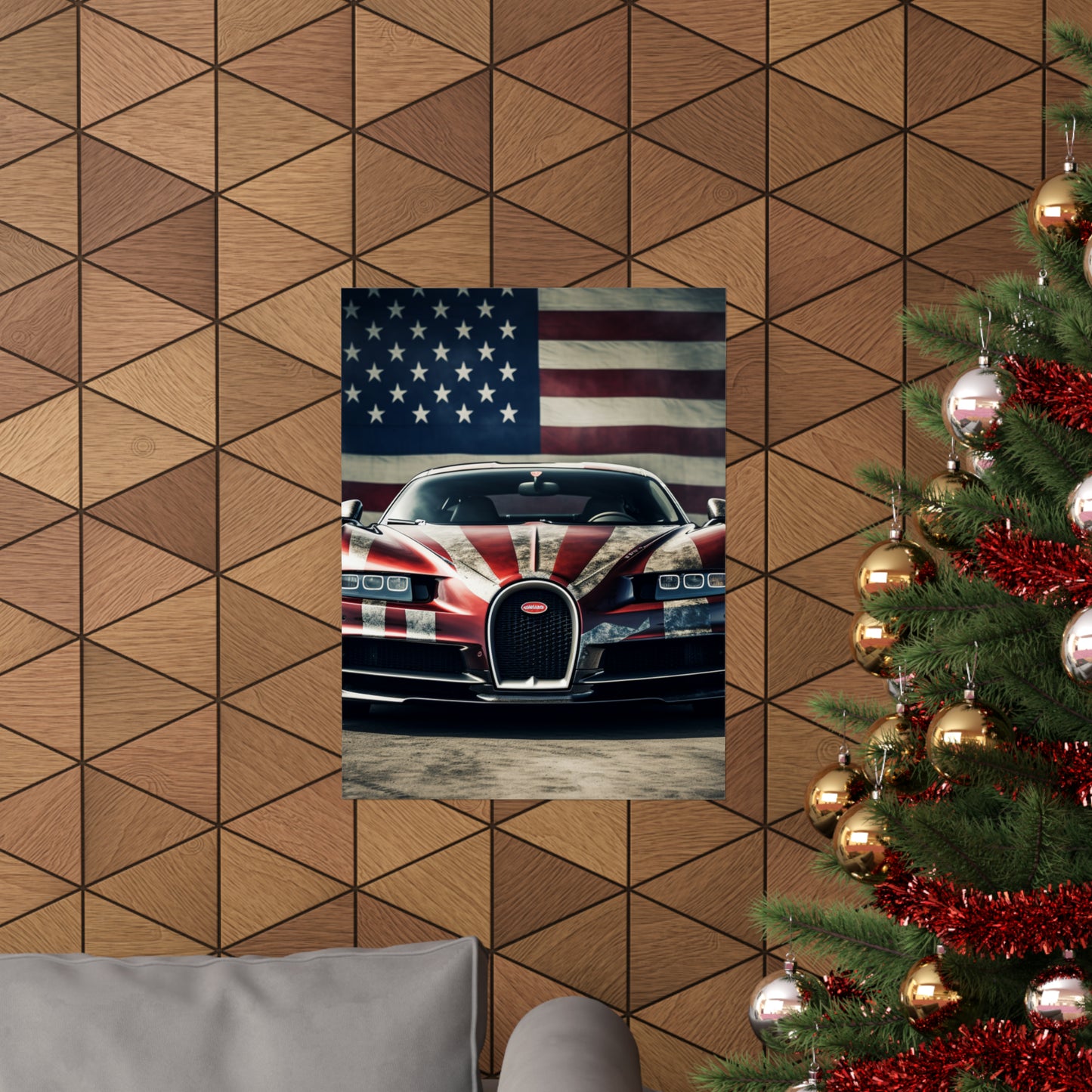 Premium Matte Vertical Posters American Flag Background Bugatti 3