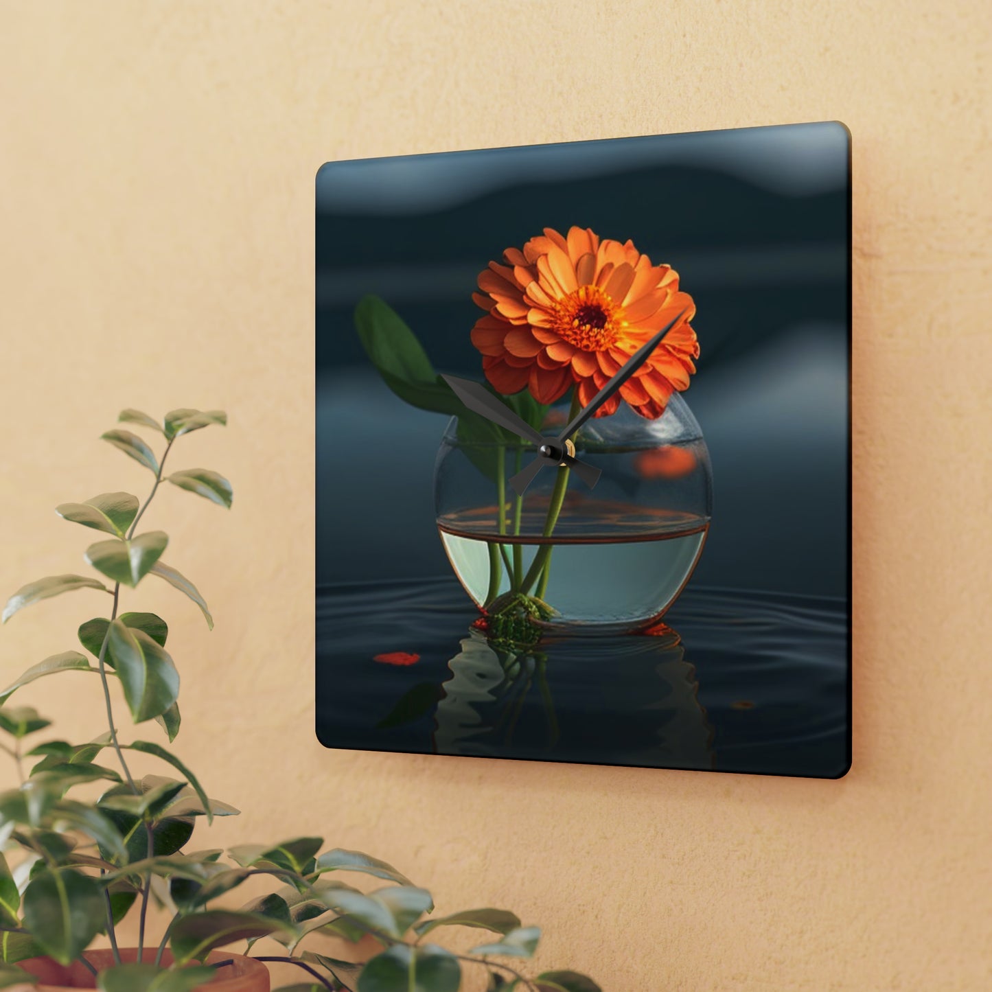 Acrylic Wall Clock Orange Zinnia 2