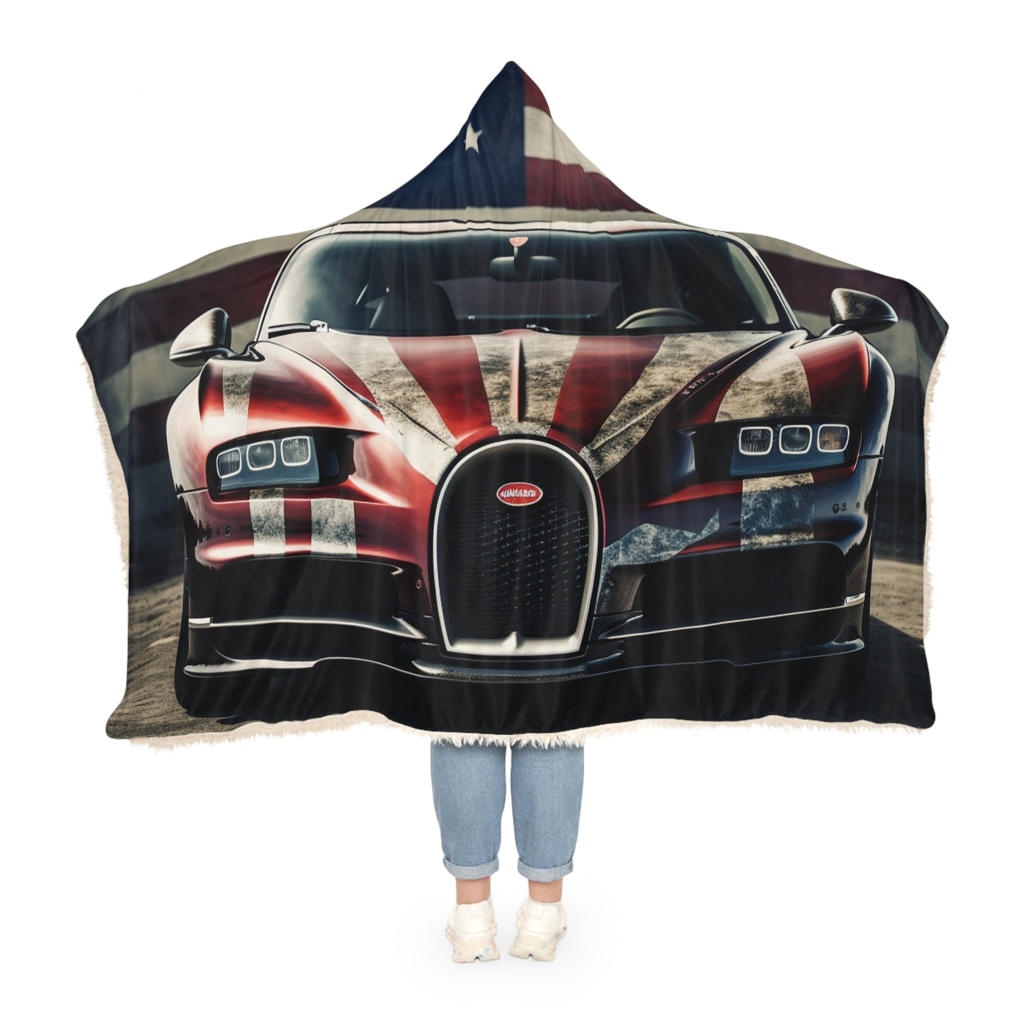 Snuggle Hooded Blanket American Flag Background Bugatti 3