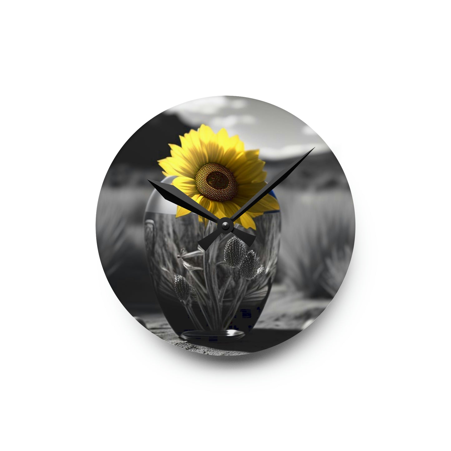 Acrylic Wall Clock Yellw Sunflower in a vase 3