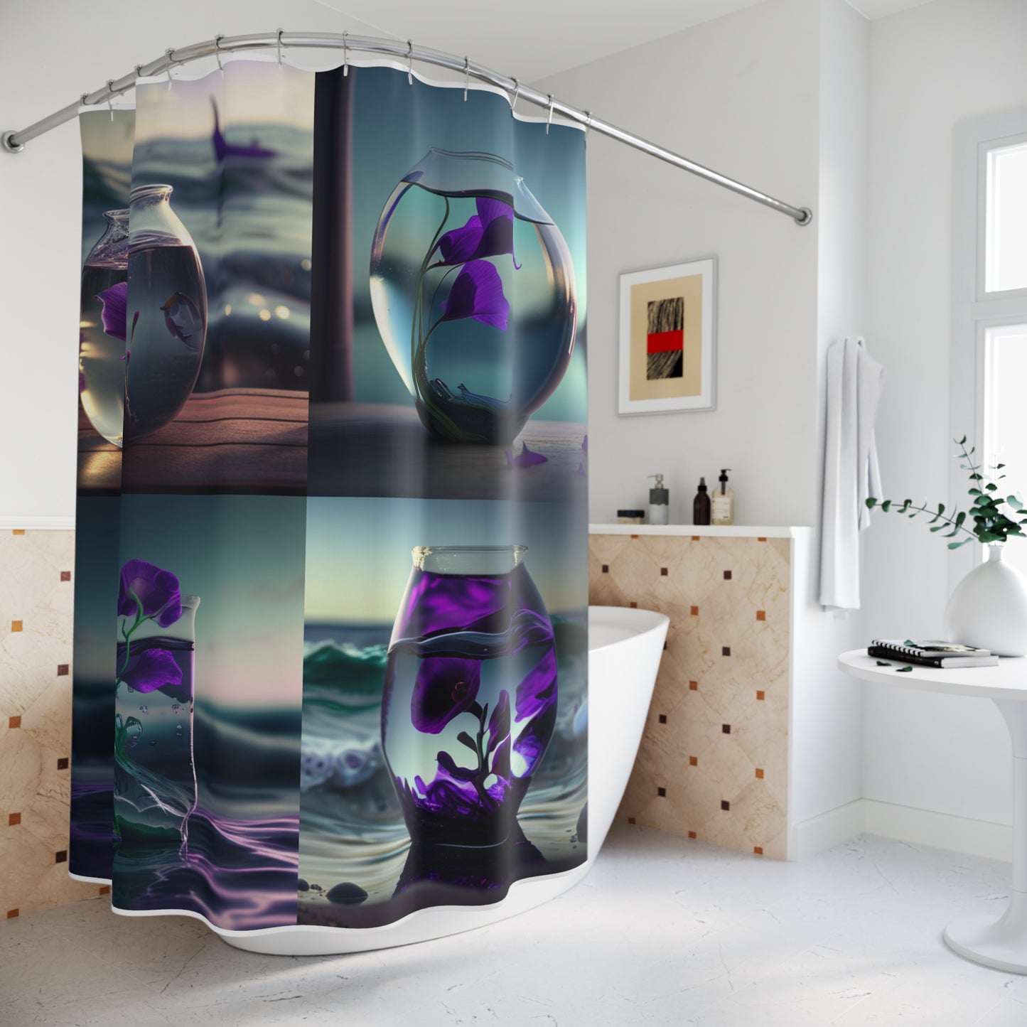 Polyester Shower Curtain Purple Sweet pea in a vase 5