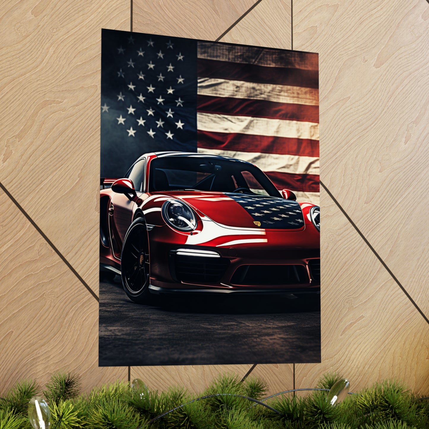 Premium Matte Vertical Posters American Flag Background Porsche 2