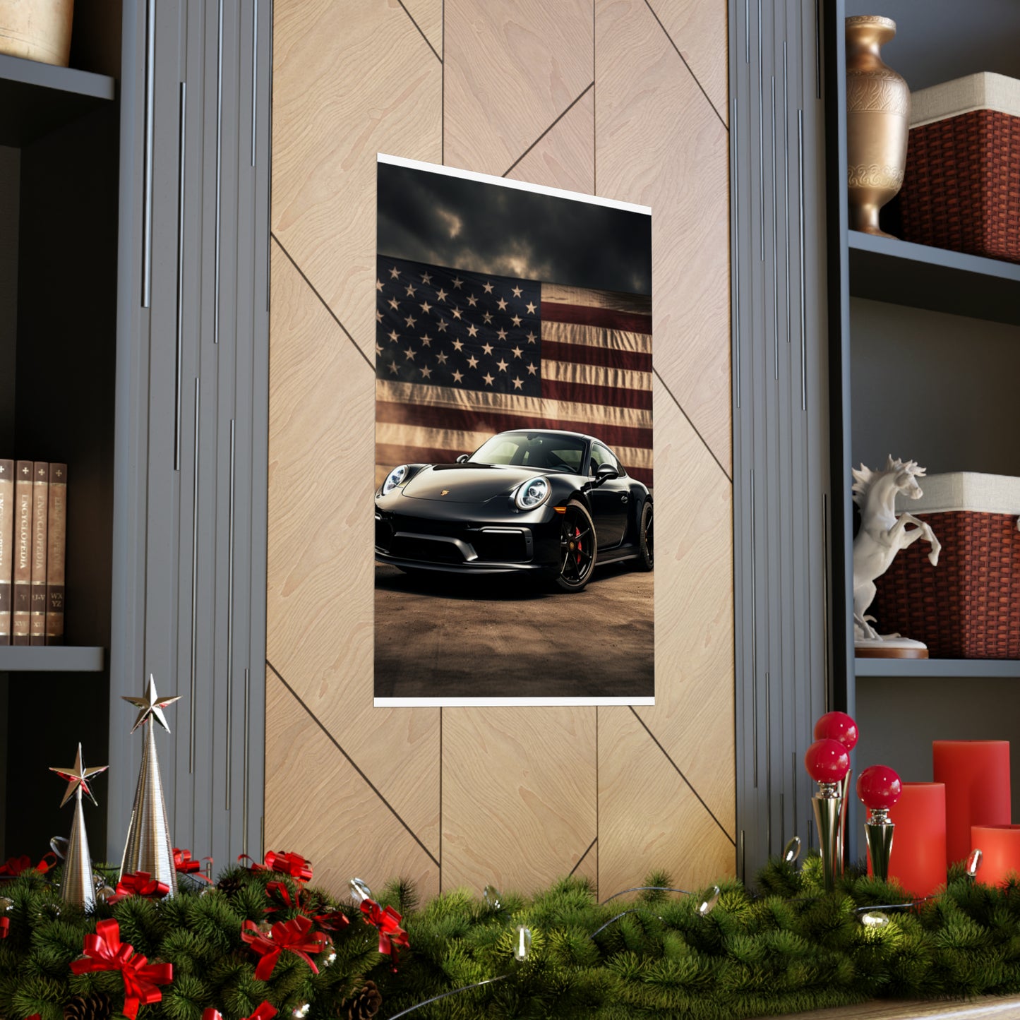 Premium Matte Vertical Posters American Flag Background Porsche 4
