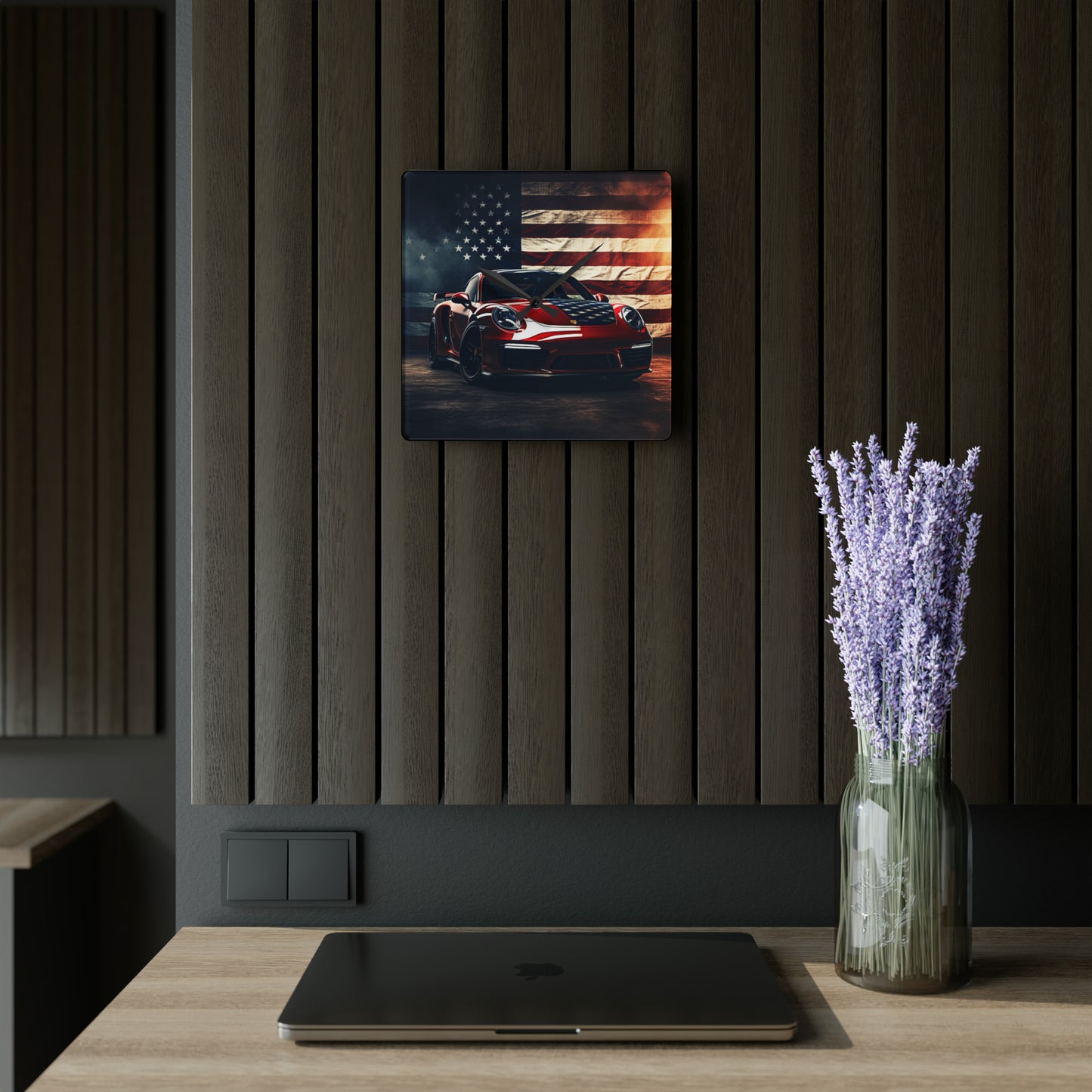 Acrylic Wall Clock American Flag Background Porsche 2