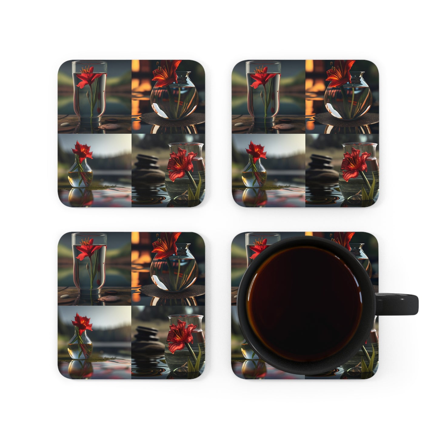 Corkwood Coaster Set Red Lily in a Glass vase 5