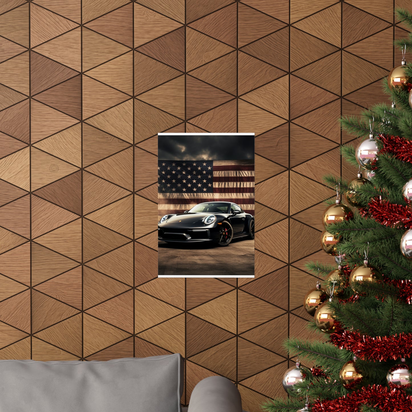 Premium Matte Vertical Posters American Flag Background Porsche 4