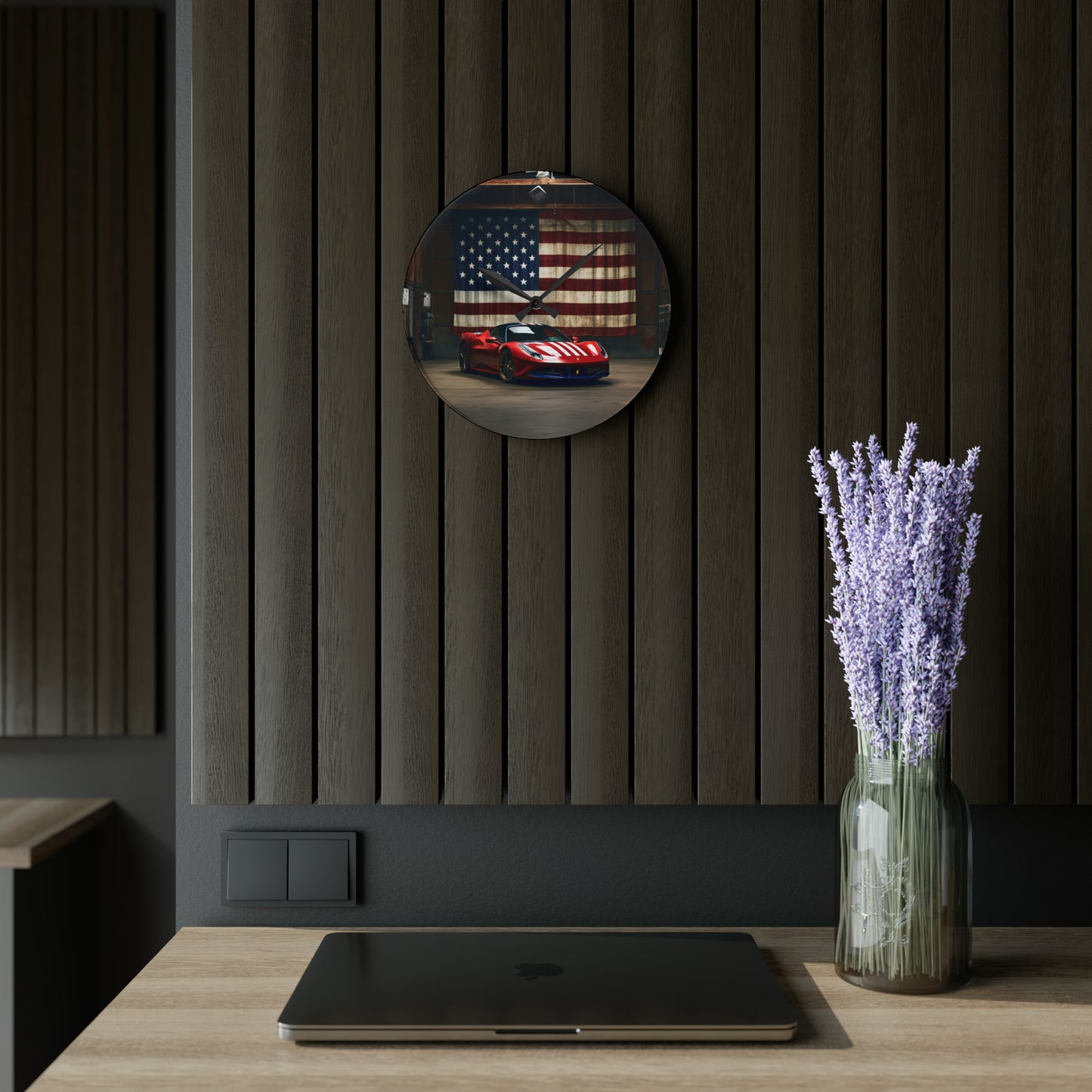 Acrylic Wall Clock American Flag Farrari 4