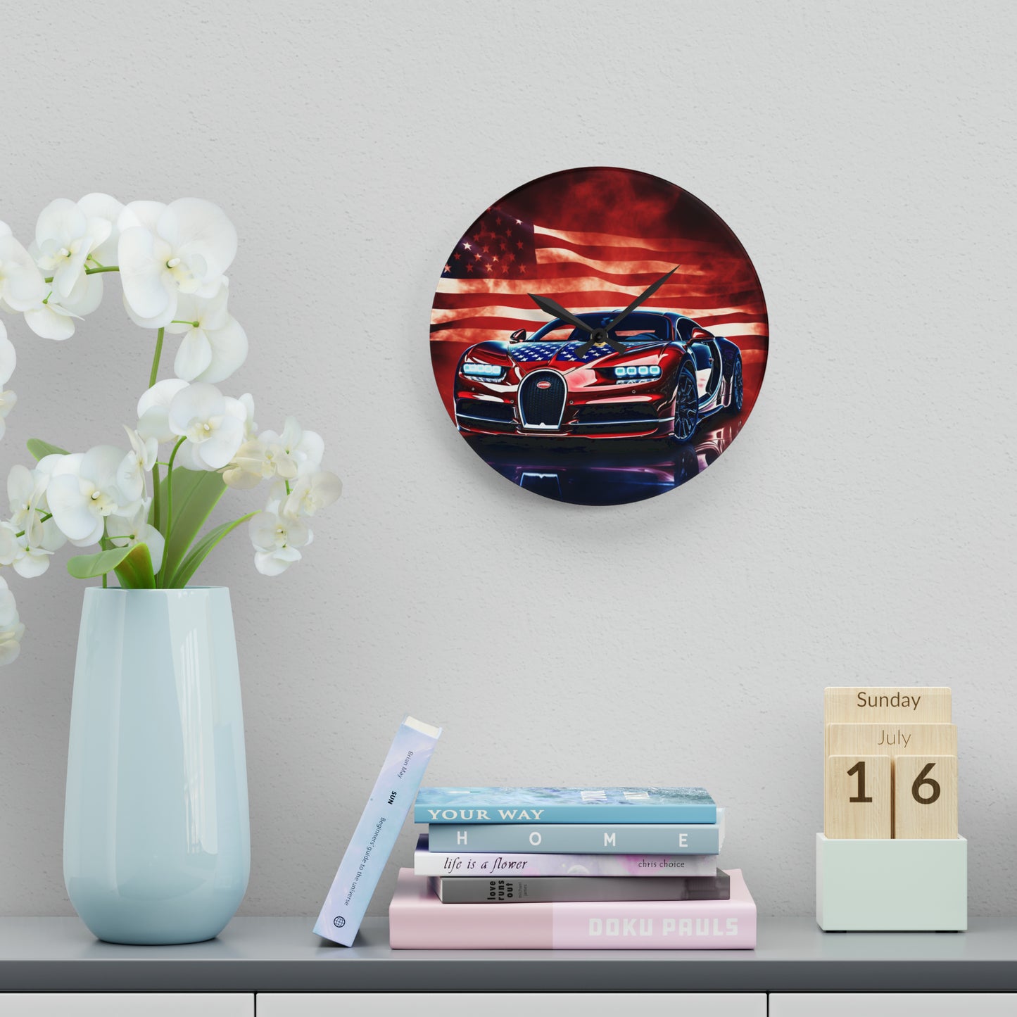 Acrylic Wall Clock Abstract American Flag Background Bugatti 3