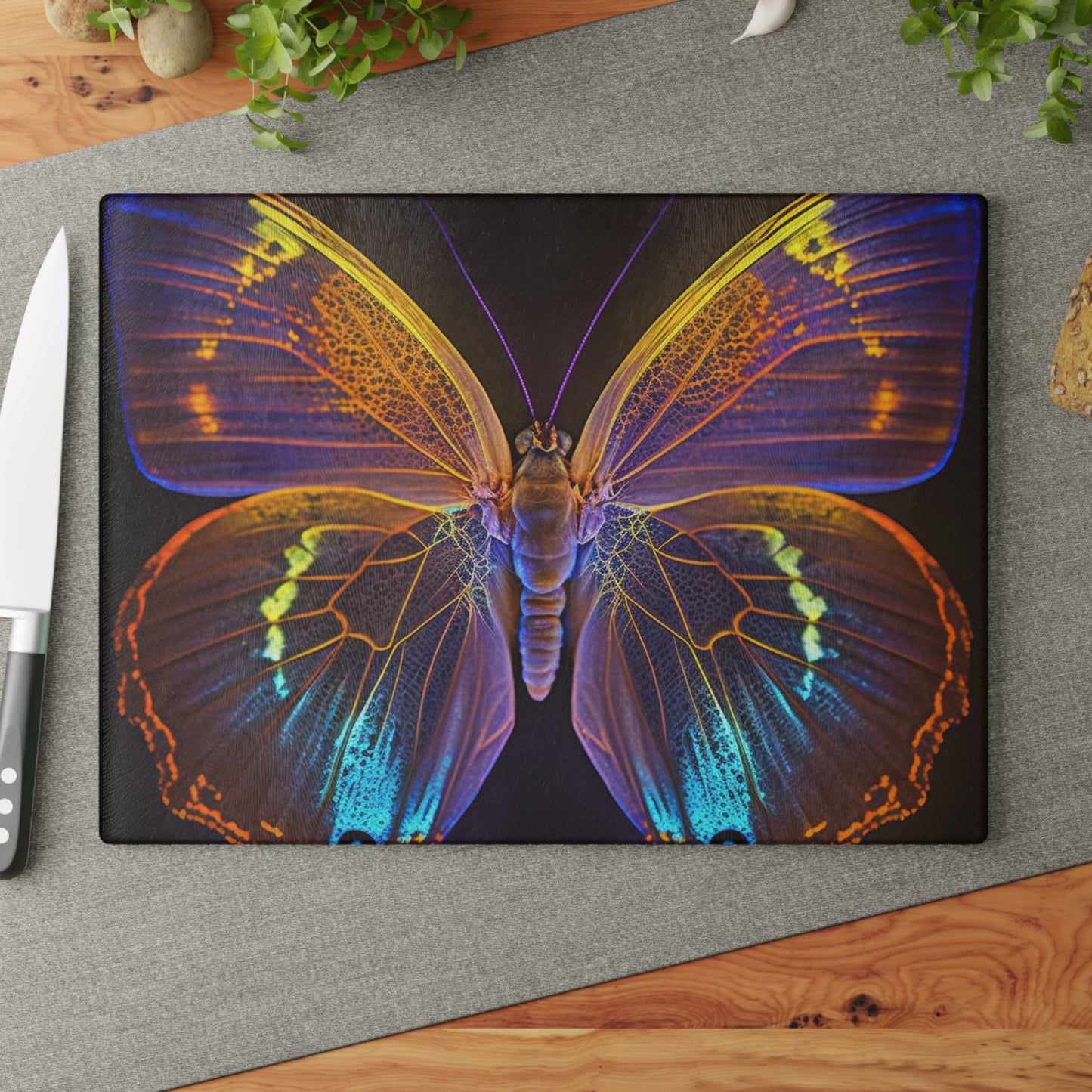 Glass Cutting Board Neon Butterfly Flair 2