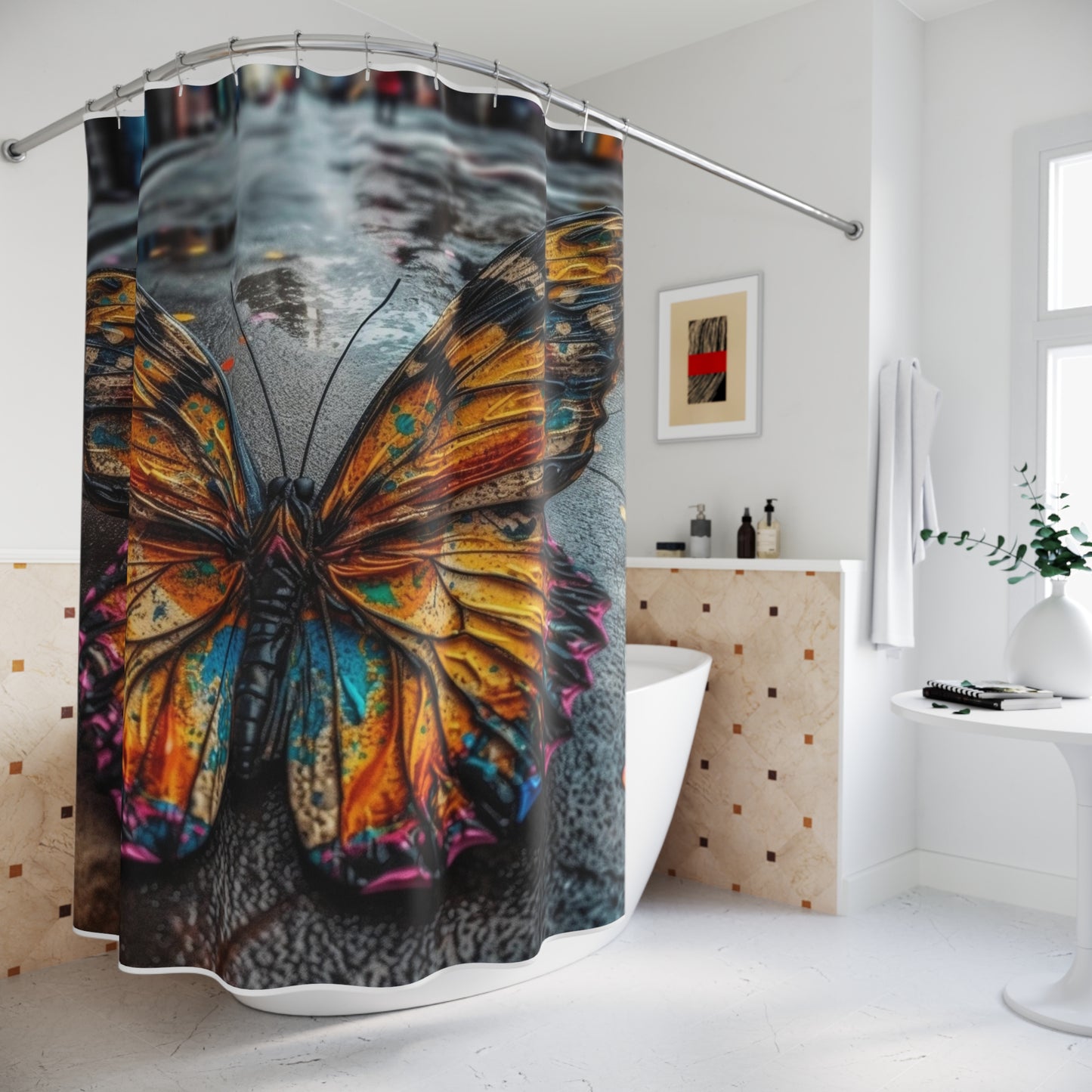 Polyester Shower Curtain Liquid Street Butterfly 1