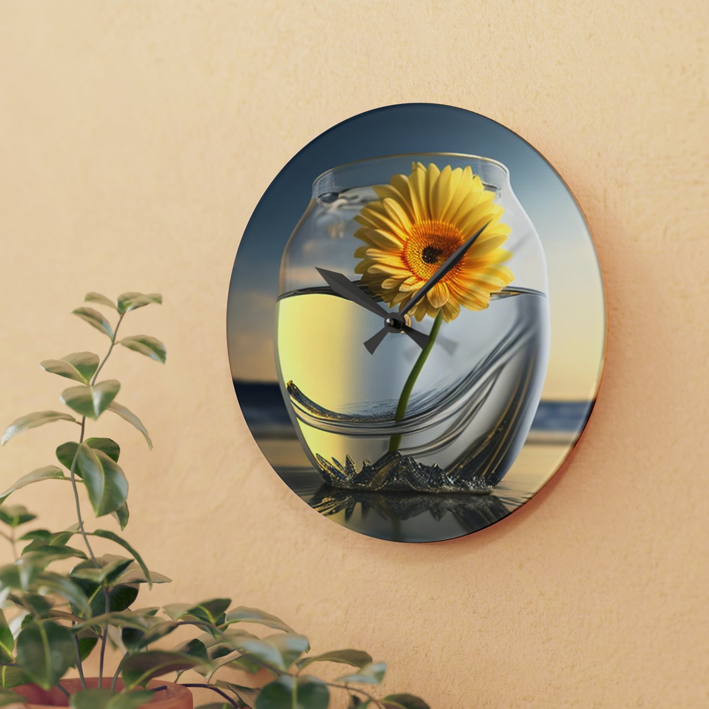 Acrylic Wall Clock yello Gerbera glass 1