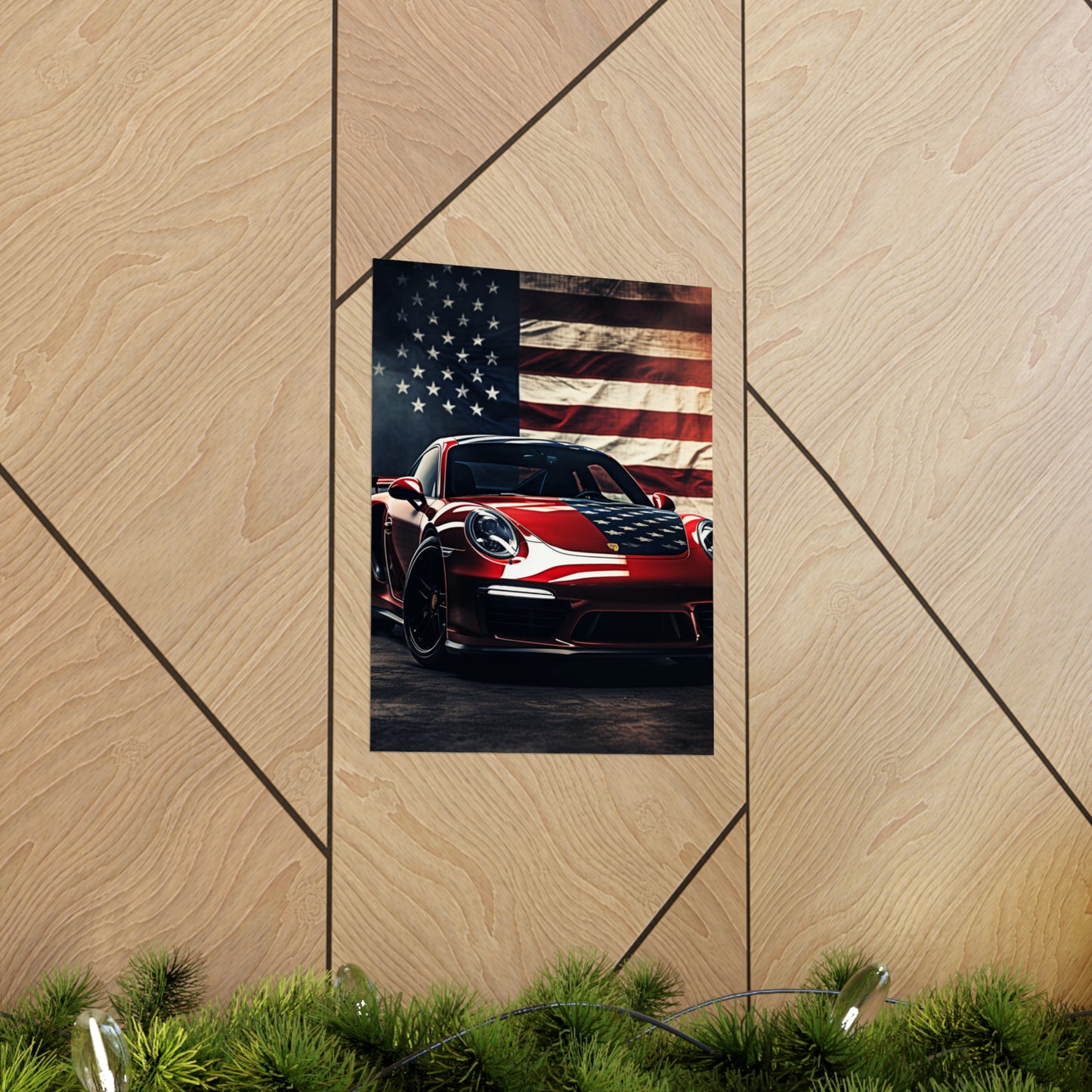 Premium Matte Vertical Posters American Flag Background Porsche 2