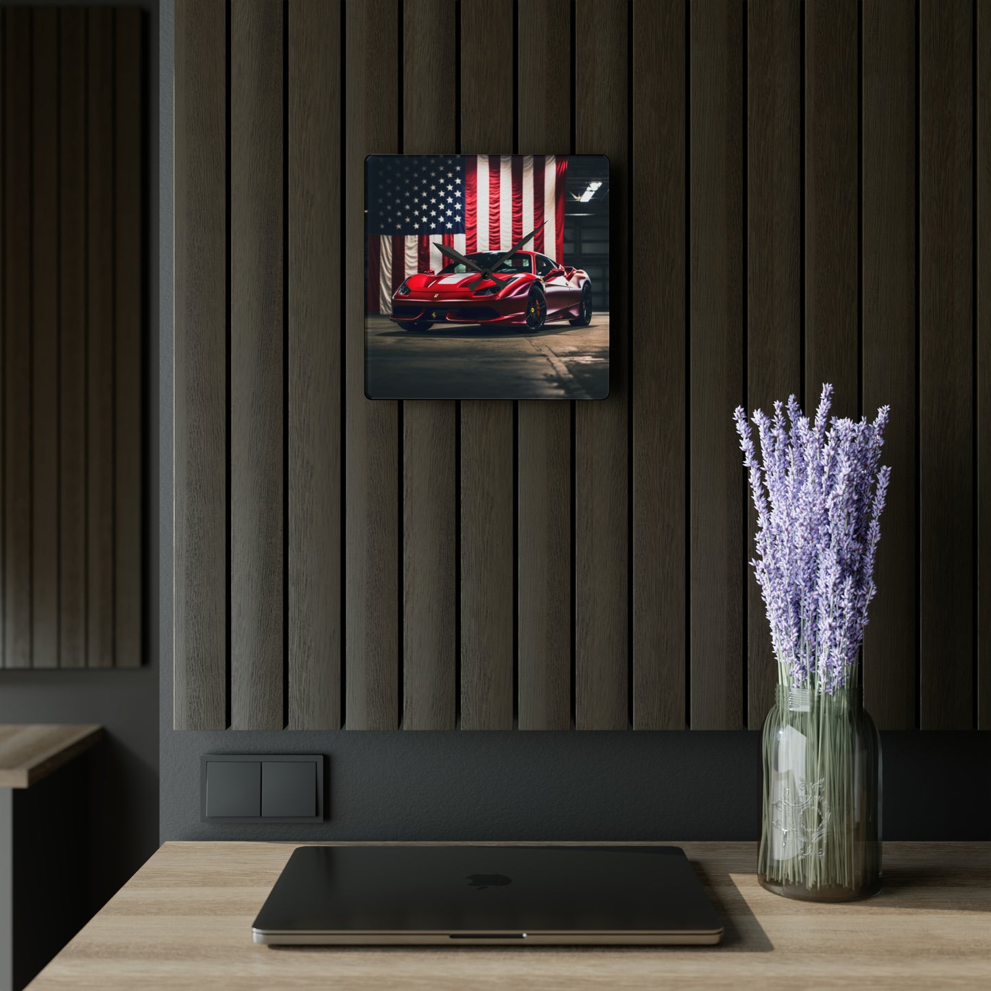 Acrylic Wall Clock American Flag Background Ferrari 3