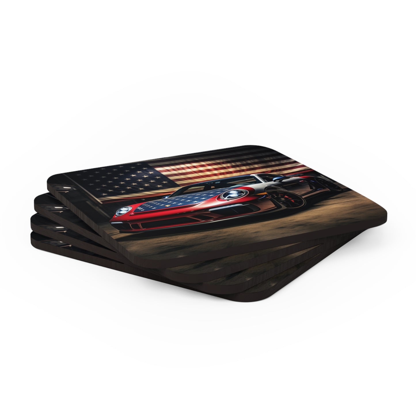 Corkwood Coaster Set American Flag Background Porsche 1