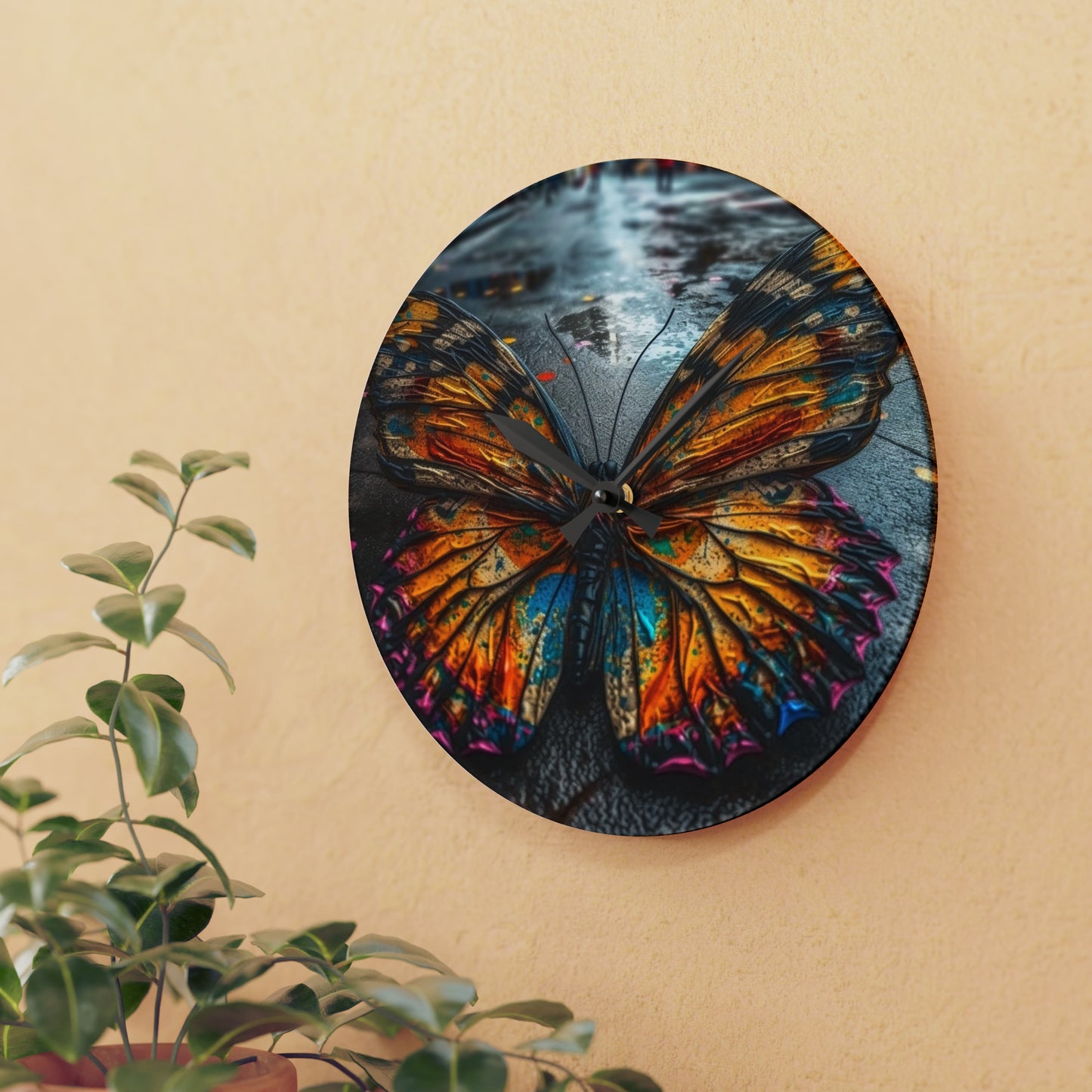 Acrylic Wall Clock Liquid Street Butterfly 1