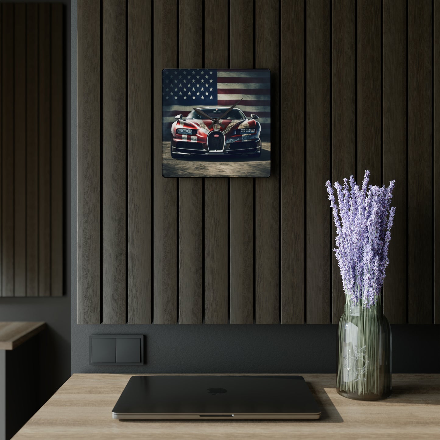 Acrylic Wall Clock American Flag Background Bugatti 3