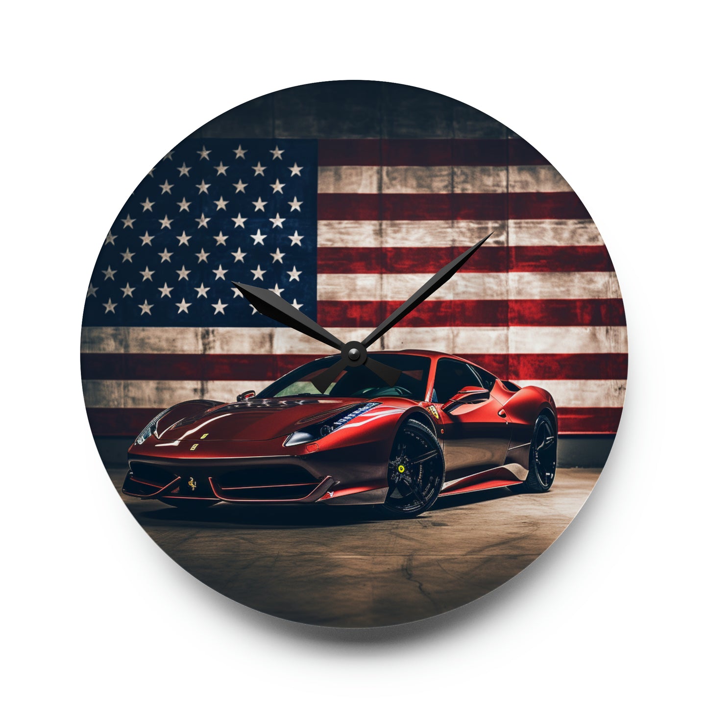 Acrylic Wall Clock American Flag Background Ferrari 4