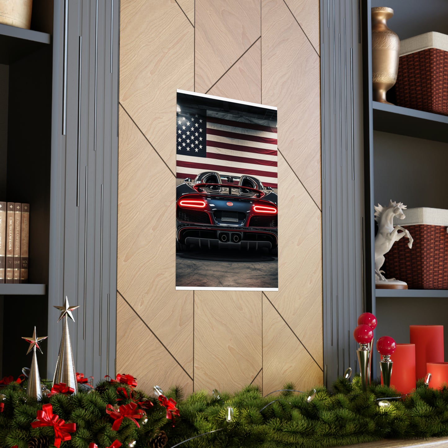 Premium Matte Vertical Posters American Flag Background Bugatti 4