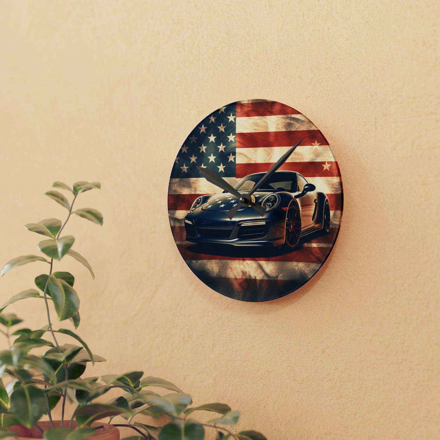 Acrylic Wall Clock Abstract American Flag Background Porsche 3