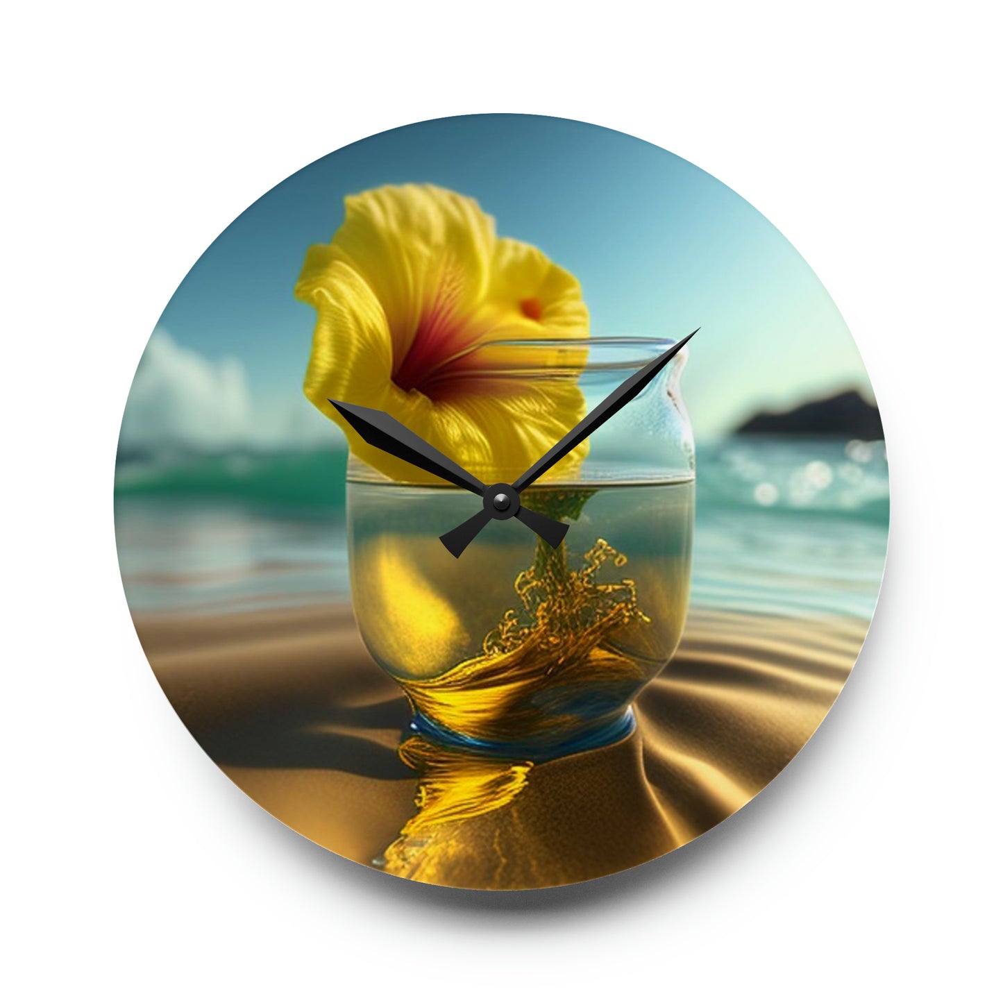 Acrylic Wall Clock Yellow Hibiscus glass 1